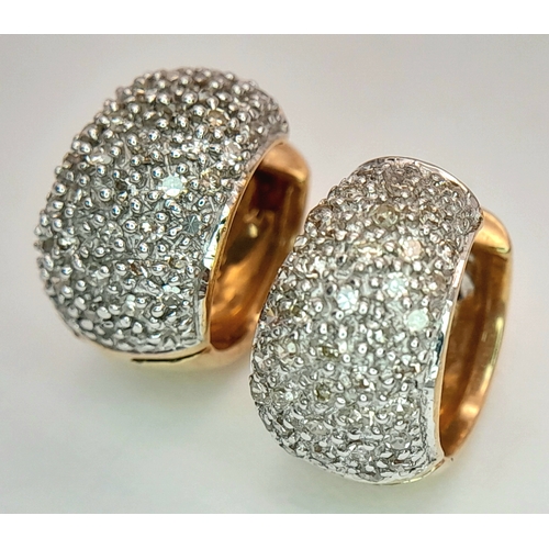 121 - A PAIR 9K YELLOW GOLD DIAMOND SET MINI CHUNKY HOOP EARRINGS 6.1G TOTAL WEIGHT, 0.8CM DIAMETER. REF: ... 