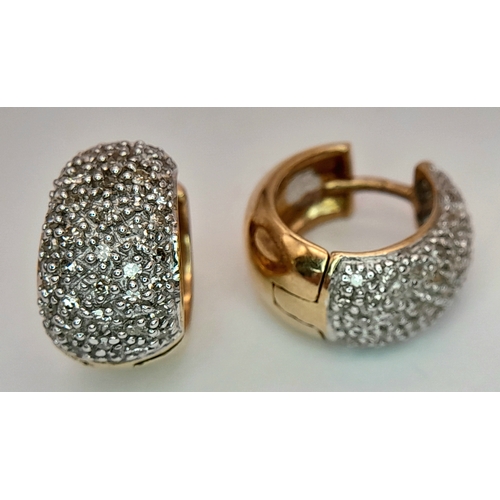 121 - A PAIR 9K YELLOW GOLD DIAMOND SET MINI CHUNKY HOOP EARRINGS 6.1G TOTAL WEIGHT, 0.8CM DIAMETER. REF: ... 