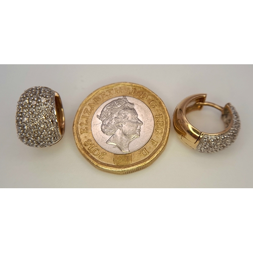 121 - A PAIR 9K YELLOW GOLD DIAMOND SET MINI CHUNKY HOOP EARRINGS 6.1G TOTAL WEIGHT, 0.8CM DIAMETER. REF: ... 