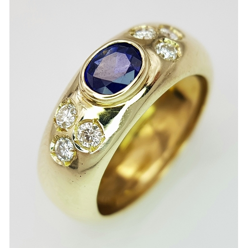 128 - A 14K YELLOW GOLD DIAMOND & SAPPHIRE RING 4.4G TOTAL WEIGHT, SIZE L. REF: SC 3082