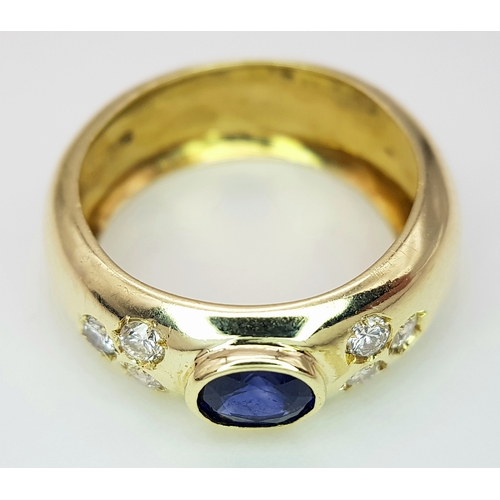 128 - A 14K YELLOW GOLD DIAMOND & SAPPHIRE RING 4.4G TOTAL WEIGHT, SIZE L. REF: SC 3082