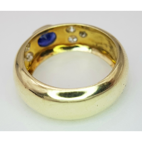 128 - A 14K YELLOW GOLD DIAMOND & SAPPHIRE RING 4.4G TOTAL WEIGHT, SIZE L. REF: SC 3082
