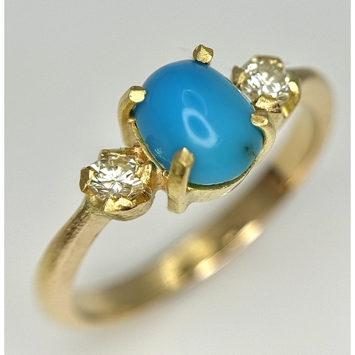 142 - AN 18K YELLOW GOLD DIAMOND & TURQUOISE RING 3.7G TOTAL WEIGHT, SIZE M 1/2. REF: SC 3093