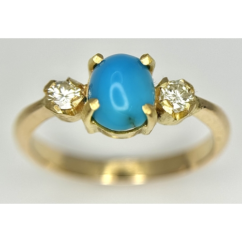 142 - AN 18K YELLOW GOLD DIAMOND & TURQUOISE RING 3.7G TOTAL WEIGHT, SIZE M 1/2. REF: SC 3093