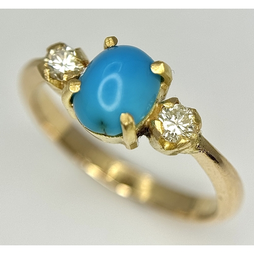 142 - AN 18K YELLOW GOLD DIAMOND & TURQUOISE RING 3.7G TOTAL WEIGHT, SIZE M 1/2. REF: SC 3093