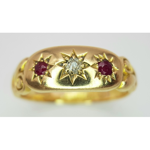 171 - AN 18K YELLOW GOLD ANTIQUE DIAMOND & RUBY RING 4.1G TOTAL WEIGHT, SIZE L HALLMARKED BIRMINGHAM 1900.... 