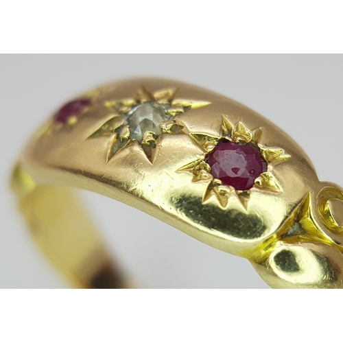 171 - AN 18K YELLOW GOLD ANTIQUE DIAMOND & RUBY RING 4.1G TOTAL WEIGHT, SIZE L HALLMARKED BIRMINGHAM 1900.... 
