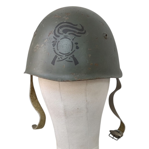 125 - WW2 Italian Bersaglieri light infantry M33 Helmet with liner and chinstrap.