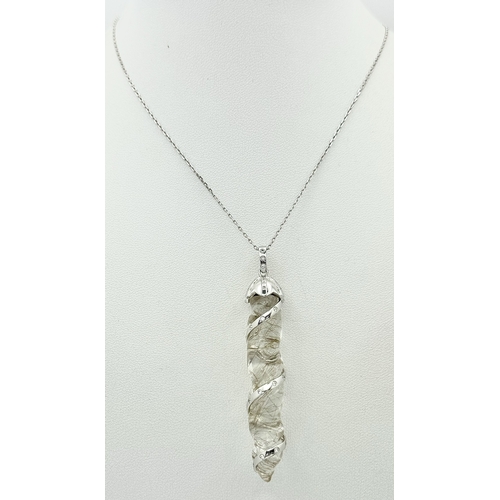 165 - A Quartz Wrapped 18K Gold and Diamond Pendant on an 18K White Gold Disappearing Necklace. 6cm and 40... 