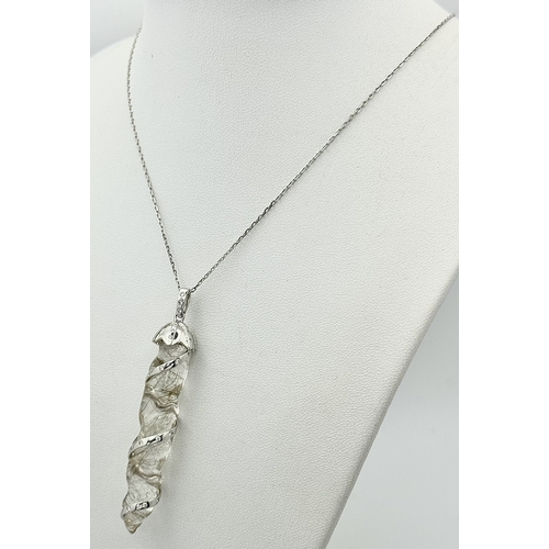 165 - A Quartz Wrapped 18K Gold and Diamond Pendant on an 18K White Gold Disappearing Necklace. 6cm and 40... 