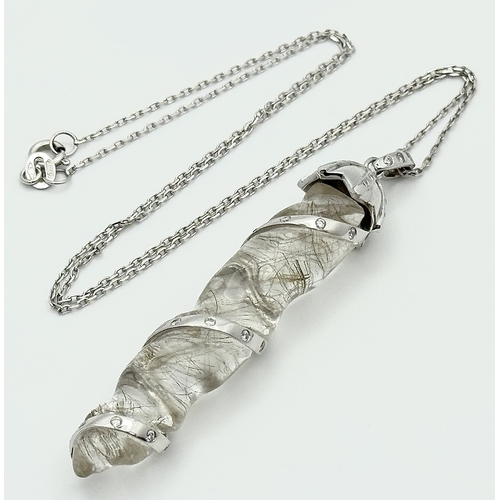 165 - A Quartz Wrapped 18K Gold and Diamond Pendant on an 18K White Gold Disappearing Necklace. 6cm and 40... 