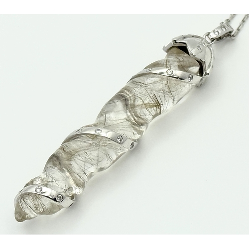 165 - A Quartz Wrapped 18K Gold and Diamond Pendant on an 18K White Gold Disappearing Necklace. 6cm and 40... 