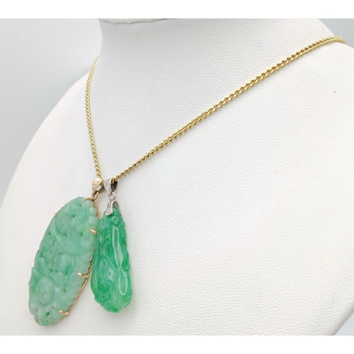 137 - Two Jade Pendants, One set in Gold on a Gilded Chain. 5cm and 3cm.  Ref: STK023083