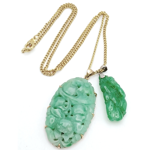 137 - Two Jade Pendants, One set in Gold on a Gilded Chain. 5cm and 3cm.  Ref: STK023083