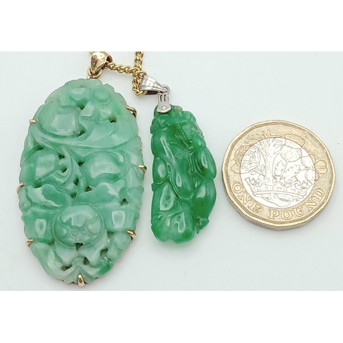 137 - Two Jade Pendants, One set in Gold on a Gilded Chain. 5cm and 3cm.  Ref: STK023083