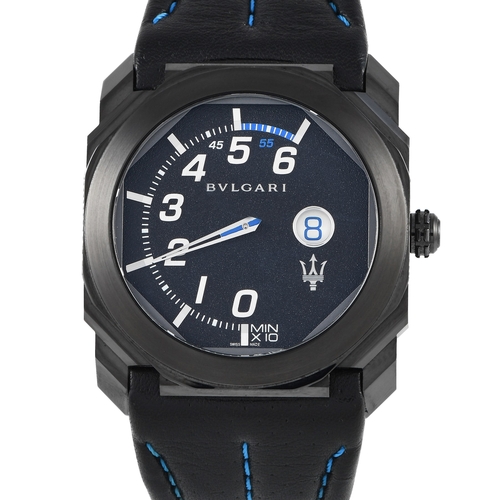 A Bvlgari Octo Maserati GranSport Watch.  41mm black DLC-coated steel case with a smokey sapphire case back and a black textured dial. Uniquely designed with retrograde minutes and jumping hours. The 3 o'clock window tells the time and not the date. The minute display is inspired by a Maserati analog RPM gauge with a MIN x10 inscription. Caliber BVL 262 that offers a power reserve of 42 hours. It is fitted with a black perforated calfksin leather strap. Comes with papers and the manufacturer's box.*This item is held at Cadmore USA Office in Pennsylvania, USA and will be shipped from there*