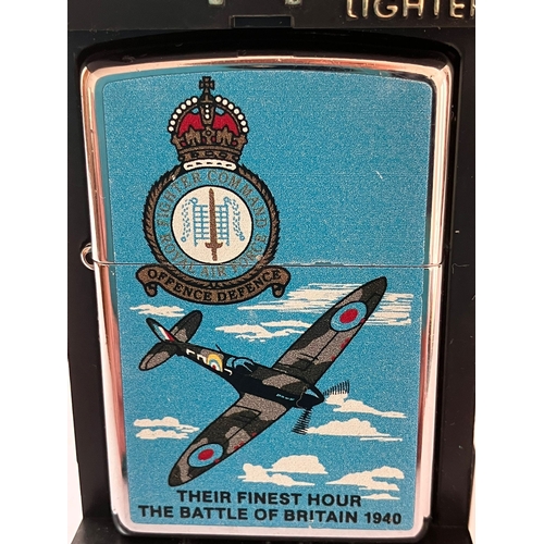 126 - Vintage ZIPPO BATTLE of BRITAIN LIGHTER. Illustrated with SPITFIRE AIRCRAFT and  RAF CREST. Complete... 