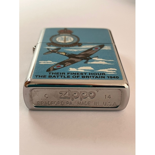 126 - Vintage ZIPPO BATTLE of BRITAIN LIGHTER. Illustrated with SPITFIRE AIRCRAFT and  RAF CREST. Complete... 