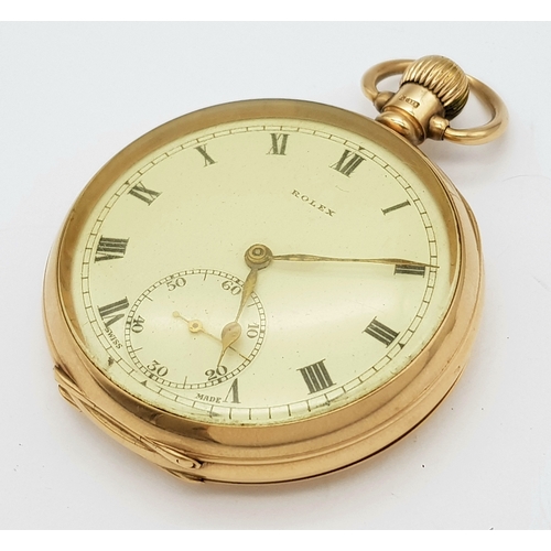 102 - A Late 1920s Rolex 9K Gold Pocket Watch. 9k gold inner and outer case. 9K mark on stem. Very clean R... 