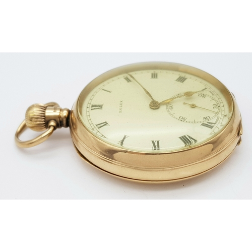 102 - A Late 1920s Rolex 9K Gold Pocket Watch. 9k gold inner and outer case. 9K mark on stem. Very clean R... 