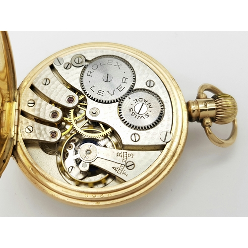 102 - A Late 1920s Rolex 9K Gold Pocket Watch. 9k gold inner and outer case. 9K mark on stem. Very clean R... 