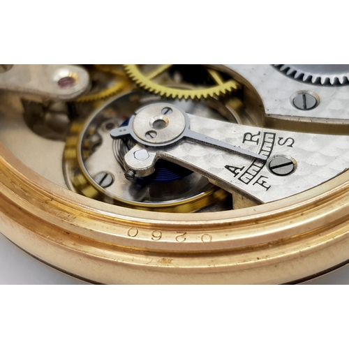 102 - A Late 1920s Rolex 9K Gold Pocket Watch. 9k gold inner and outer case. 9K mark on stem. Very clean R... 