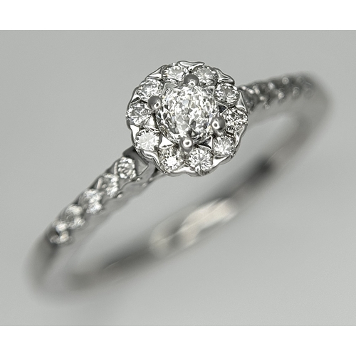68 - A 14K WHITE GOLD OLD CUT DIAMOND SOLITAIRE RING -WITH DIAMOND HALO AND DIAMOND SHOULDERS. MAIN OLD C... 