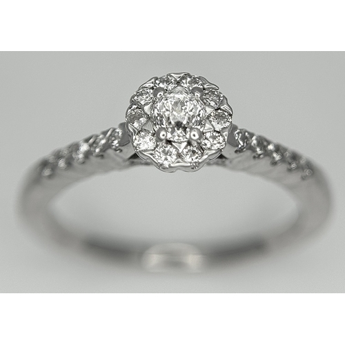 68 - A 14K WHITE GOLD OLD CUT DIAMOND SOLITAIRE RING -WITH DIAMOND HALO AND DIAMOND SHOULDERS. MAIN OLD C... 