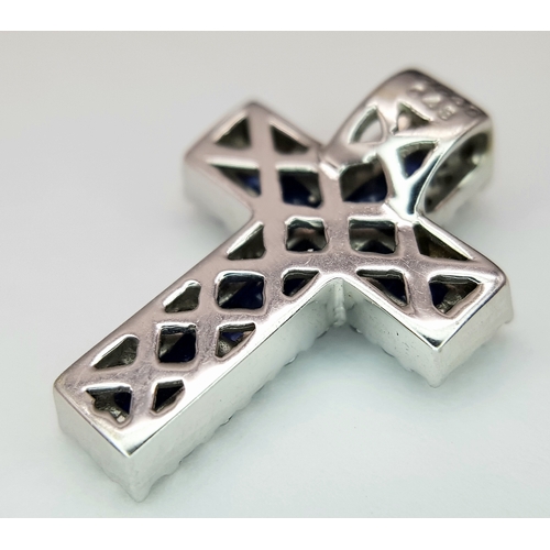 79 - AN 18K WHITE GOLD DIAMOND & SAPPHIRE SET CROSS PENDANT. APPROX 18MM X 13MM. 2.6G TOTAL WEIGHT. REF: ... 
