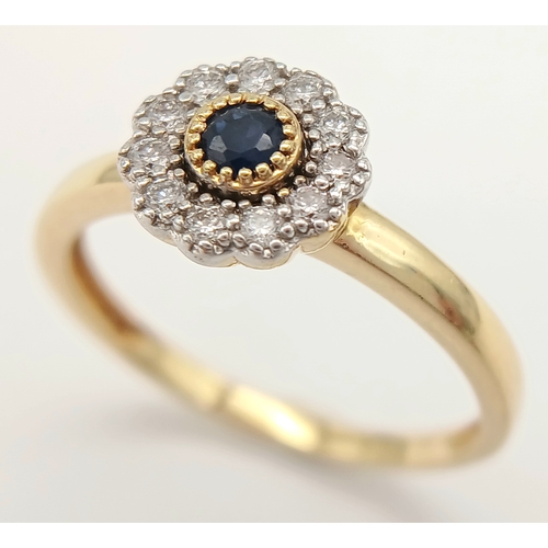 86 - AN 18K YELLOW GOLD DIAMOND & SAPPHIRE CLUSTER RING 2.5G TOTAL WEIGHT, SIZE N. REF: A/S 1210 - 1