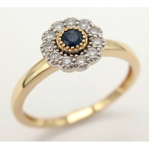 86 - AN 18K YELLOW GOLD DIAMOND & SAPPHIRE CLUSTER RING 2.5G TOTAL WEIGHT, SIZE N. REF: A/S 1210 - 1