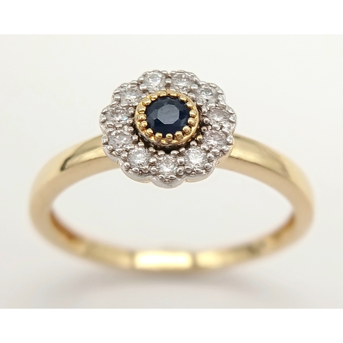 86 - AN 18K YELLOW GOLD DIAMOND & SAPPHIRE CLUSTER RING 2.5G TOTAL WEIGHT, SIZE N. REF: A/S 1210 - 1