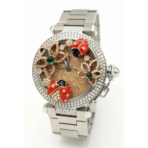106 - A Pasha de Cartier, Diamond Ladybird, Automatic Ladies Watch. Stainless steel bracelet and case - 36... 