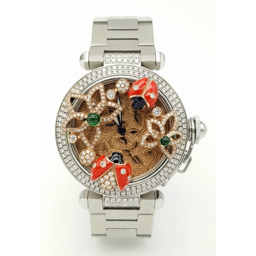 106 - A Pasha de Cartier, Diamond Ladybird, Automatic Ladies Watch. Stainless steel bracelet and case - 36... 