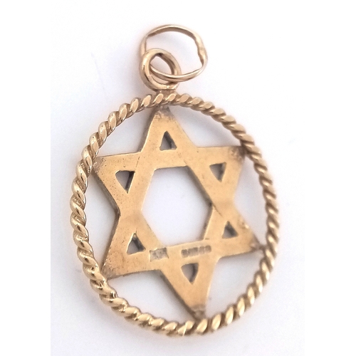 112 - Classic 9 CARAT GOLD ‘STAR OF DAVID’  PENDANT. Attractive rope surround. Full UK hallmark. 1.7 grams... 