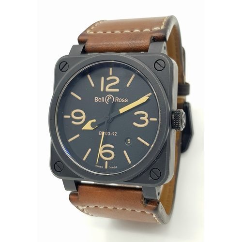 114 - A Bell and Ross Automatic BR03-92 Gents Watch. Brown leather strap. Ceramic square case - 43mm. Blac... 