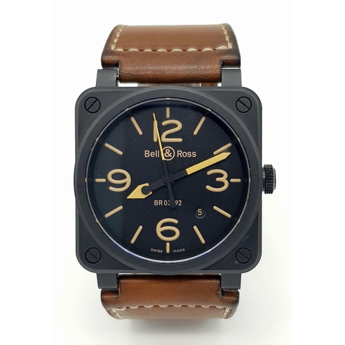 114 - A Bell and Ross Automatic BR03-92 Gents Watch. Brown leather strap. Ceramic square case - 43mm. Blac... 