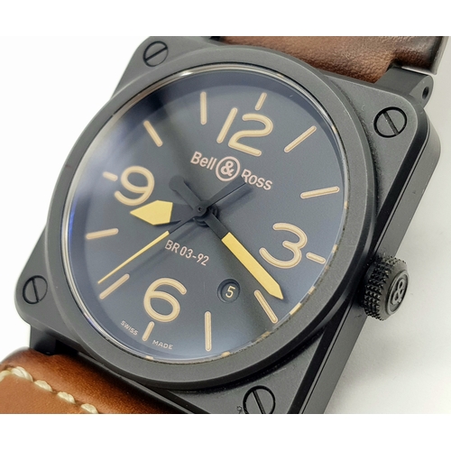 114 - A Bell and Ross Automatic BR03-92 Gents Watch. Brown leather strap. Ceramic square case - 43mm. Blac... 