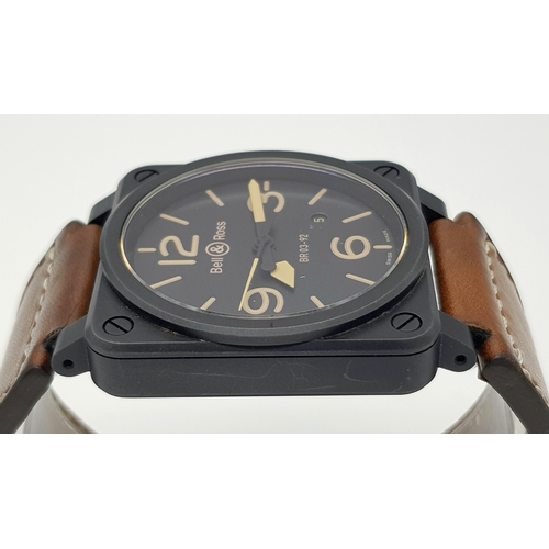 114 - A Bell and Ross Automatic BR03-92 Gents Watch. Brown leather strap. Ceramic square case - 43mm. Blac... 