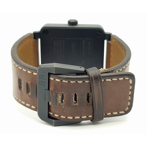 114 - A Bell and Ross Automatic BR03-92 Gents Watch. Brown leather strap. Ceramic square case - 43mm. Blac... 