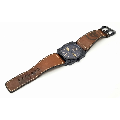 114 - A Bell and Ross Automatic BR03-92 Gents Watch. Brown leather strap. Ceramic square case - 43mm. Blac... 