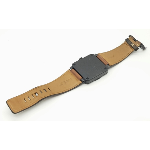 114 - A Bell and Ross Automatic BR03-92 Gents Watch. Brown leather strap. Ceramic square case - 43mm. Blac... 
