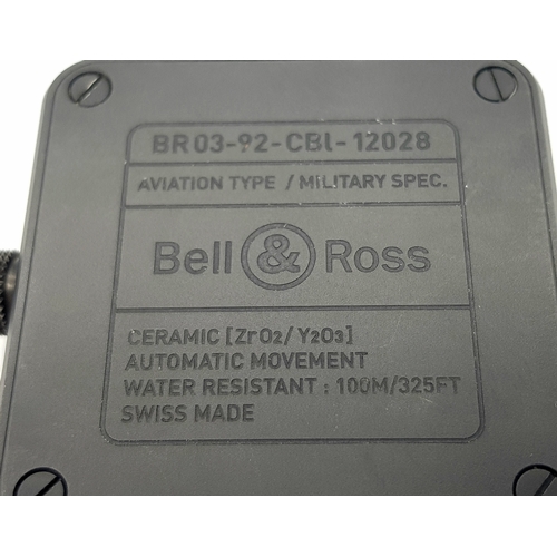 114 - A Bell and Ross Automatic BR03-92 Gents Watch. Brown leather strap. Ceramic square case - 43mm. Blac... 