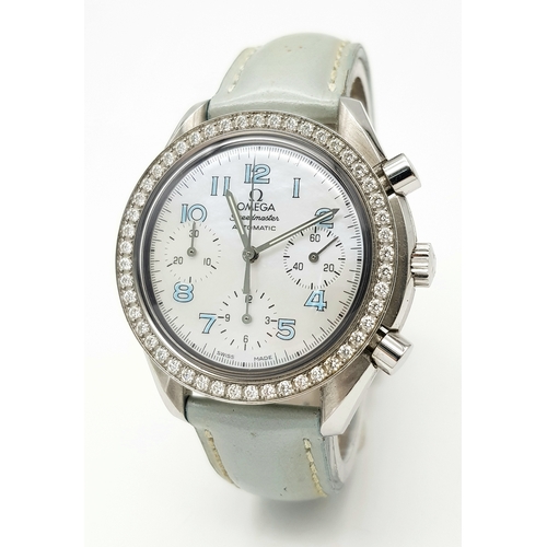 120 - An Omega Speedmaster Automatic Diamond Chronograph Ladies Watch. Pale blue leather strap. Stainless ... 