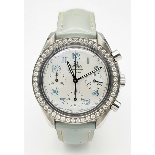 120 - An Omega Speedmaster Automatic Diamond Chronograph Ladies Watch. Pale blue leather strap. Stainless ... 