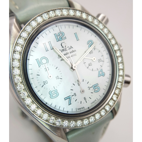 120 - An Omega Speedmaster Automatic Diamond Chronograph Ladies Watch. Pale blue leather strap. Stainless ... 