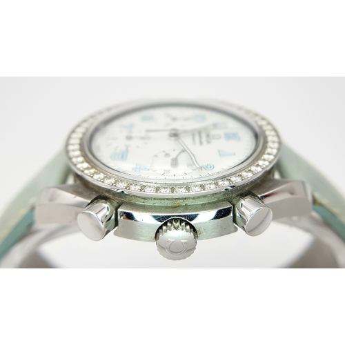 120 - An Omega Speedmaster Automatic Diamond Chronograph Ladies Watch. Pale blue leather strap. Stainless ... 