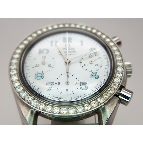 120 - An Omega Speedmaster Automatic Diamond Chronograph Ladies Watch. Pale blue leather strap. Stainless ... 