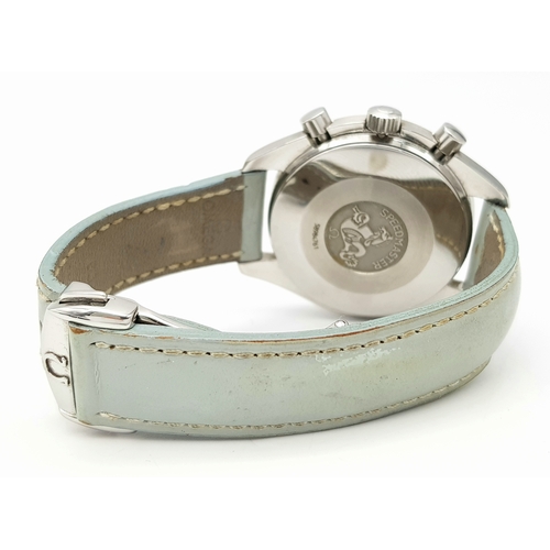 120 - An Omega Speedmaster Automatic Diamond Chronograph Ladies Watch. Pale blue leather strap. Stainless ... 