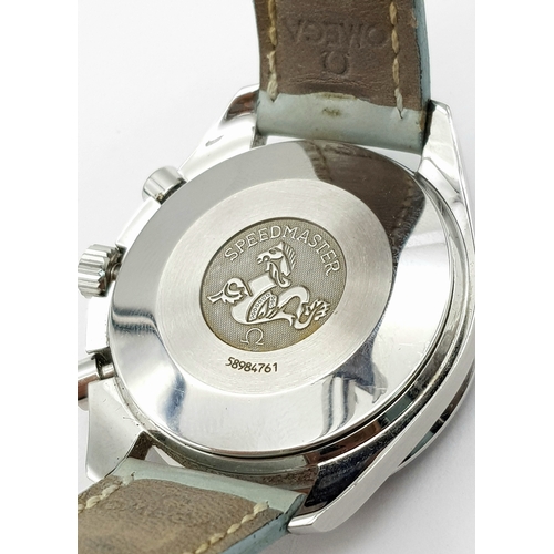 120 - An Omega Speedmaster Automatic Diamond Chronograph Ladies Watch. Pale blue leather strap. Stainless ... 